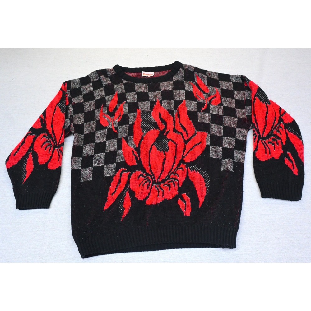 Vintage 80s Spunky Womens 6 Dolman Sleeve Checkerboard Sweater Black Bold